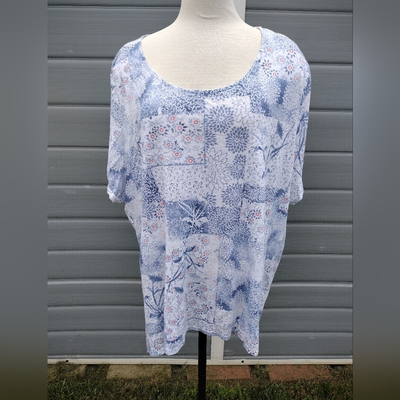 J.Jill Pure Jill Plus Patchwork Print Short Sleeve Linen blend Tee Top Blouse 4X - Picture 1 of 7